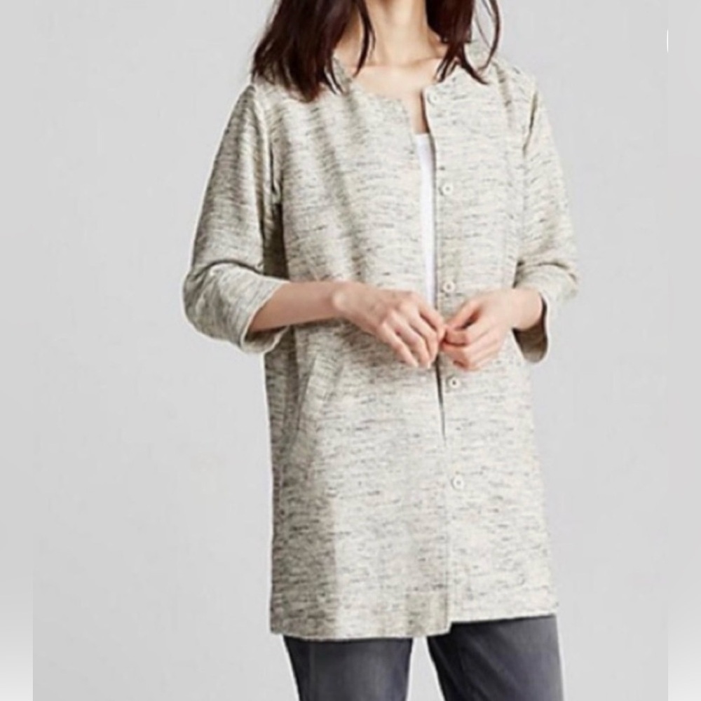 EILEEN FISHER LP Ecru grey snap button Long line cotton midi jacket old money